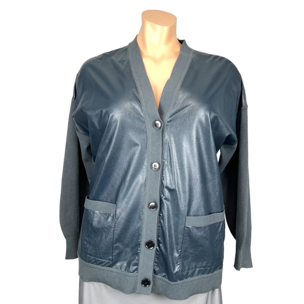 Ann Taylor Womens Plus Navy Faux Leather Knit Cardigan V Neck Sweater size XXL